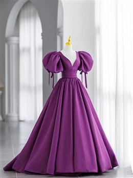 Picture of Purple Satin Puffy Sleeves Long Party Dresses, Dark Purple Evening Dresses
